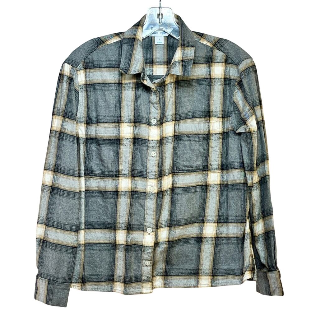 Old Navy Flannel Boyfriend Shirt Women's XS/Small Gray White Gold Plaid Cotton